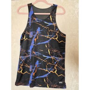 Pro Player Mens Medium Mesh Athletic Tank Top Black Blue Orange Abstract Wicking